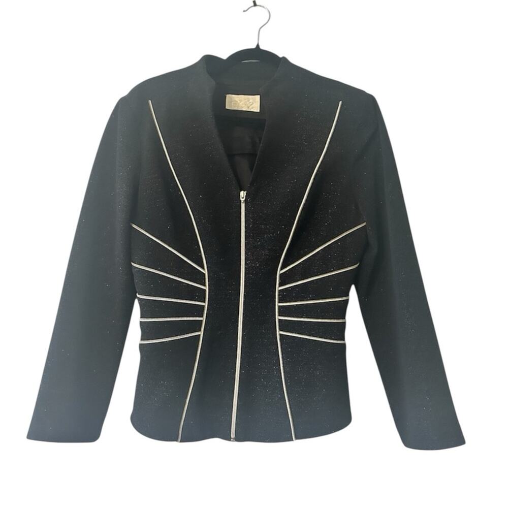 Vintage Cache Women's Black Jacket sparkly zipper piping structured fitted. S
